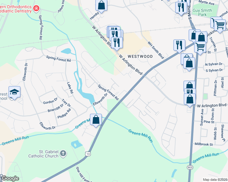 map of restaurants, bars, coffee shops, grocery stores, and more near 1005 Spring Forest Road in Greenville