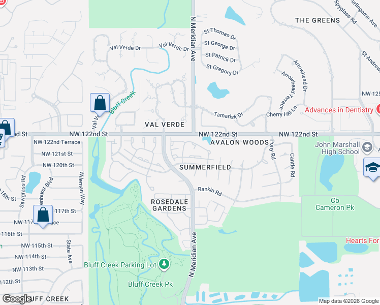 map of restaurants, bars, coffee shops, grocery stores, and more near 12124 Dahoon Drive in Oklahoma City