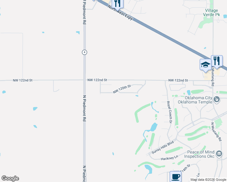 map of restaurants, bars, coffee shops, grocery stores, and more near 11820-12198 Northwest 122nd Street in Yukon