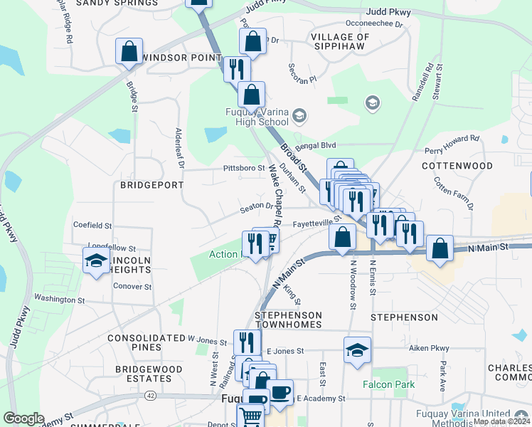 map of restaurants, bars, coffee shops, grocery stores, and more near 712 Kimpton Court in Fuquay Varina