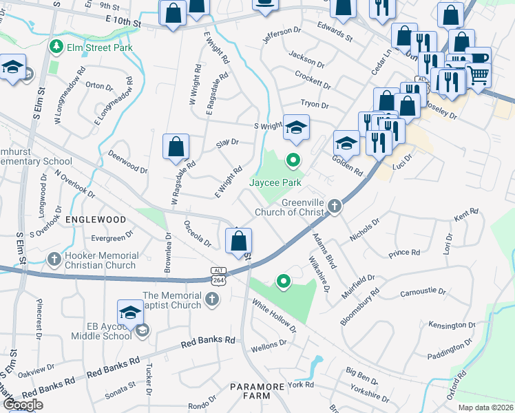 map of restaurants, bars, coffee shops, grocery stores, and more near 103 Fletcher Place in Greenville