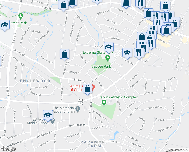 map of restaurants, bars, coffee shops, grocery stores, and more near 103 Fletcher Place in Greenville