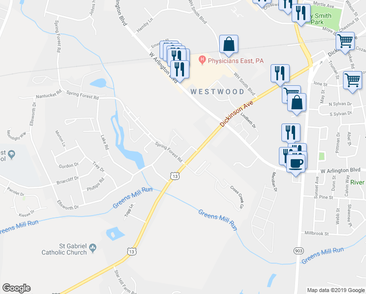 map of restaurants, bars, coffee shops, grocery stores, and more near 1095 Spring Forest Road in Greenville