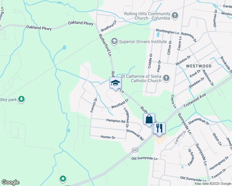 map of restaurants, bars, coffee shops, grocery stores, and more near 207 Rutherford Lane in Columbia
