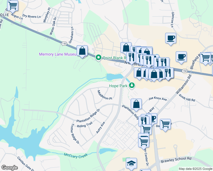 map of restaurants, bars, coffee shops, grocery stores, and more near 134 Montibello Drive in Mooresville