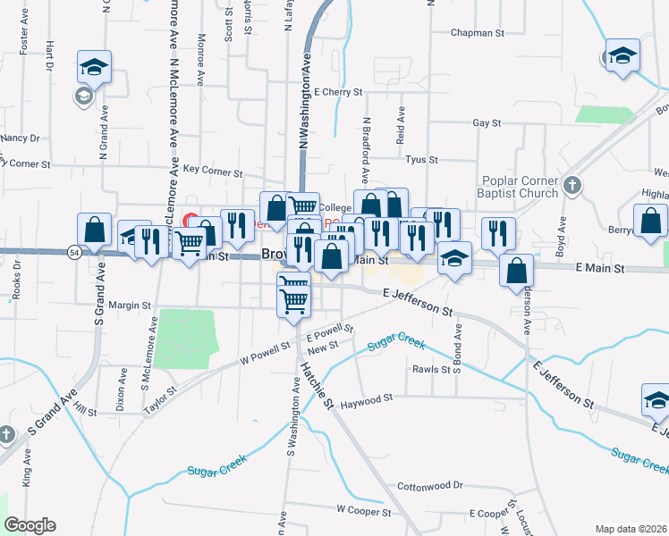 map of restaurants, bars, coffee shops, grocery stores, and more near 116 East Main Street in Brownsville
