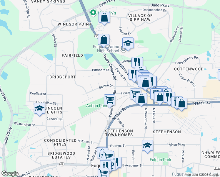 map of restaurants, bars, coffee shops, grocery stores, and more near 712 Kimpton Court in Fuquay-Varina