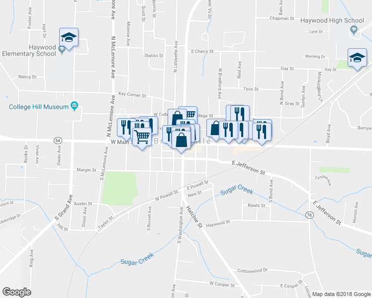 map of restaurants, bars, coffee shops, grocery stores, and more near 20 South Washington Avenue in Brownsville