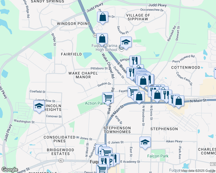 map of restaurants, bars, coffee shops, grocery stores, and more near 712 Kimpton Court in Fuquay-Varina