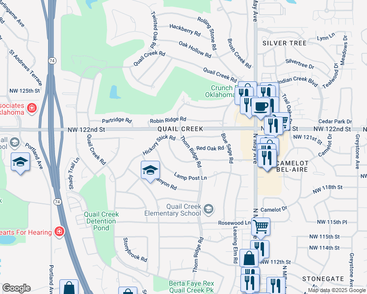 map of restaurants, bars, coffee shops, grocery stores, and more near 12129 Thorn Ridge Road in Oklahoma City