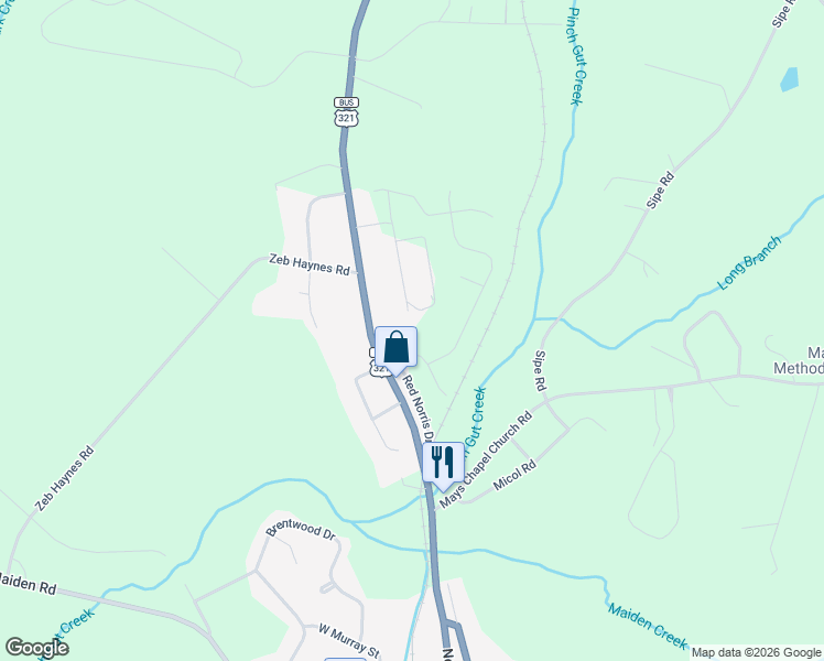map of restaurants, bars, coffee shops, grocery stores, and more near 3408 South US 321 Highway in Maiden