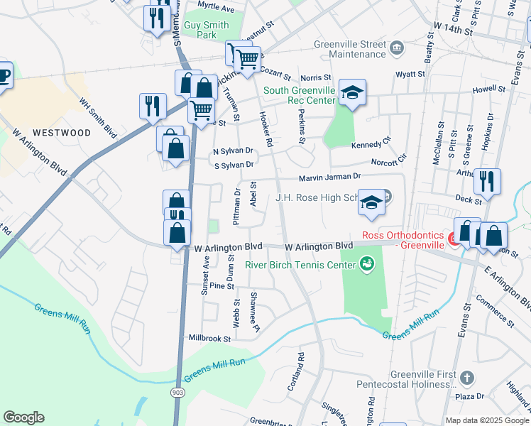 map of restaurants, bars, coffee shops, grocery stores, and more near 601 Pittman Drive in Greenville