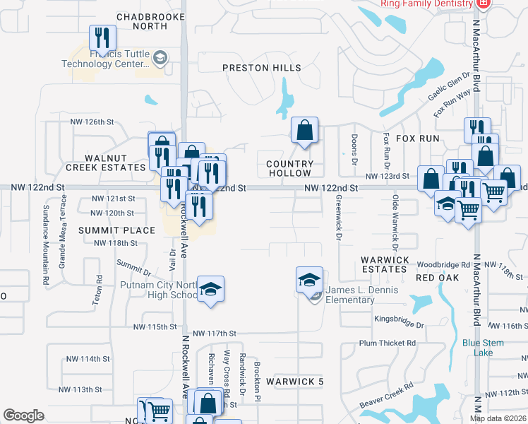 map of restaurants, bars, coffee shops, grocery stores, and more near 6725 Northwest 120th Street in Oklahoma City