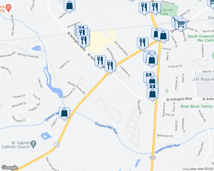 map of restaurants, bars, coffee shops, grocery stores, and more near 2715 Dickinson Avenue in Greenville