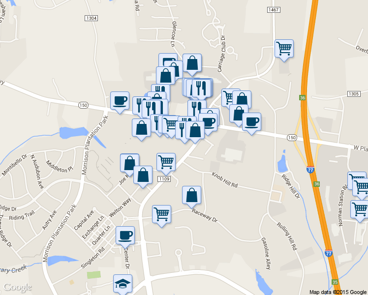 map of restaurants, bars, coffee shops, grocery stores, and more near 138 Williamson Road in Mooresville