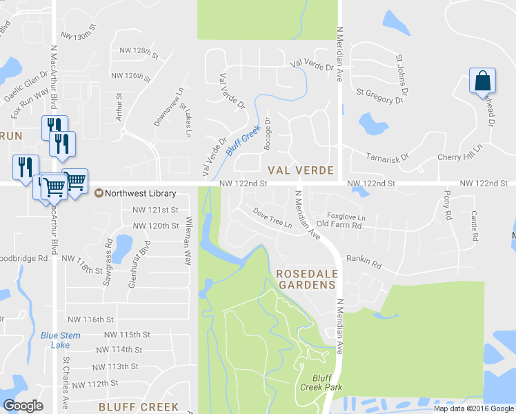 map of restaurants, bars, coffee shops, grocery stores, and more near 12117 Cliff Rose Dr in Oklahoma City