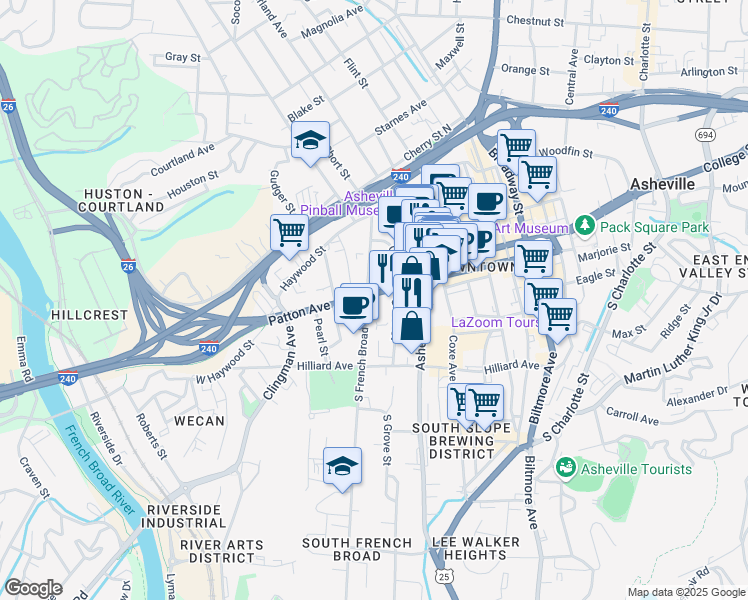 map of restaurants, bars, coffee shops, grocery stores, and more near 154 Patton Avenue in Asheville