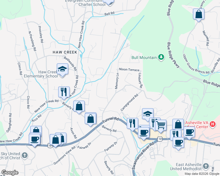 map of restaurants, bars, coffee shops, grocery stores, and more near 21 Pinedale Road in Asheville
