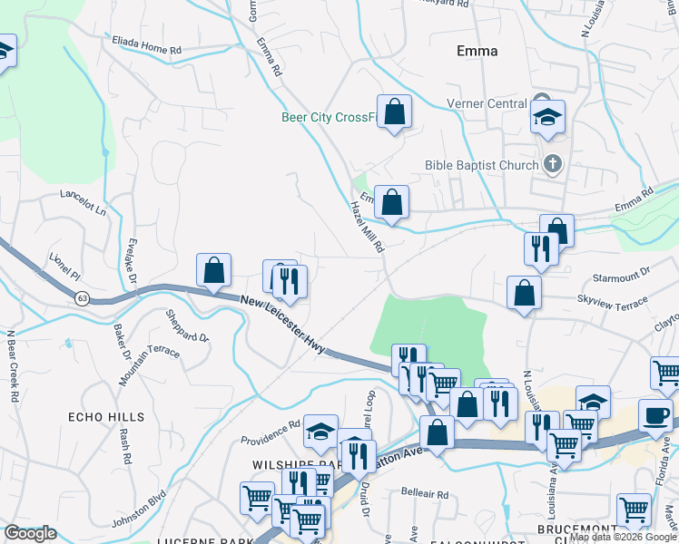 map of restaurants, bars, coffee shops, grocery stores, and more near 67 Oak Hill Drive in Asheville