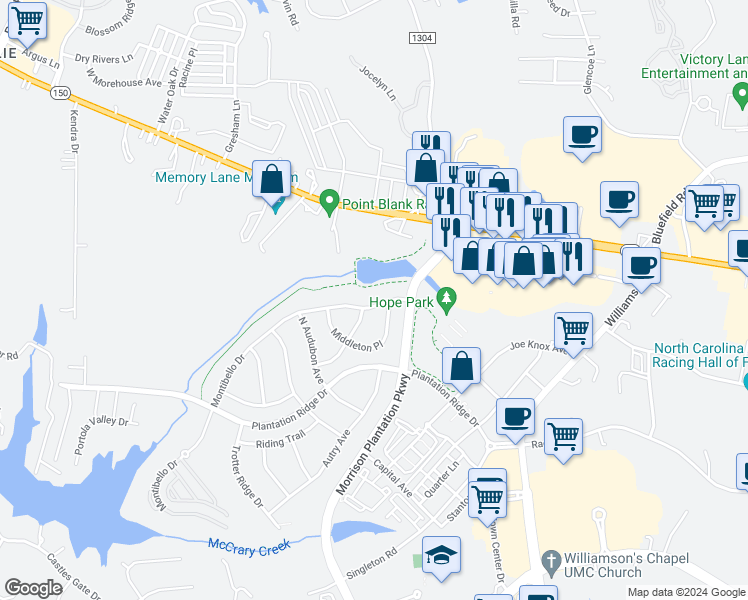 map of restaurants, bars, coffee shops, grocery stores, and more near 122 Montibello Drive in Mooresville