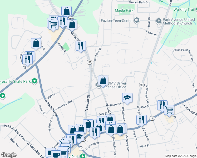 map of restaurants, bars, coffee shops, grocery stores, and more near 604 Ashe Street in Mooresville