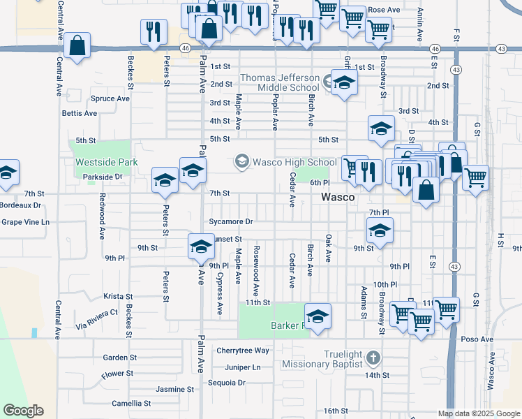 map of restaurants, bars, coffee shops, grocery stores, and more near 736 Rosewood Avenue in Wasco