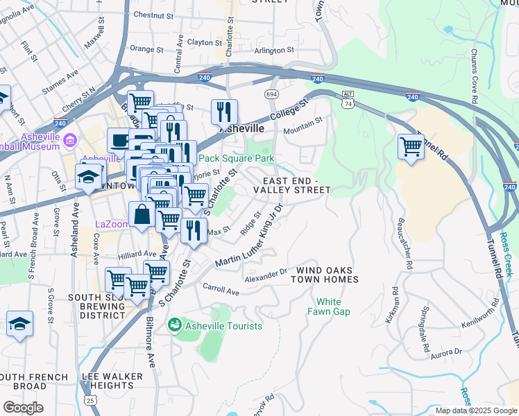 map of restaurants, bars, coffee shops, grocery stores, and more near 12 Ridge St in Asheville