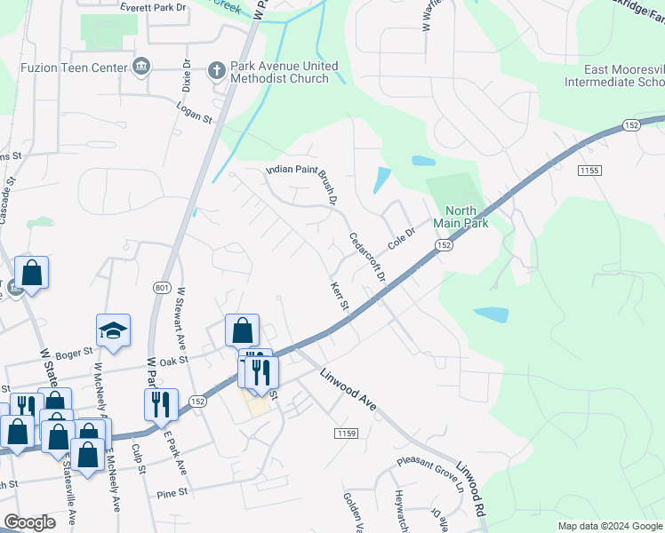 map of restaurants, bars, coffee shops, grocery stores, and more near 1206 Larkspur Drive in Mooresville
