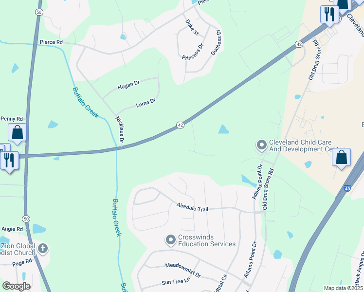 map of restaurants, bars, coffee shops, grocery stores, and more near 36 Miry Branch Court in Garner