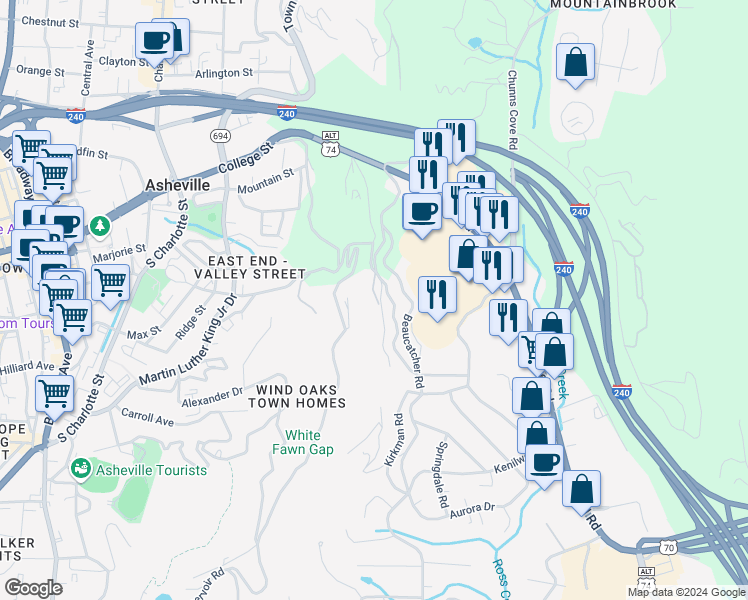 map of restaurants, bars, coffee shops, grocery stores, and more near 12 North Delano Road in Asheville