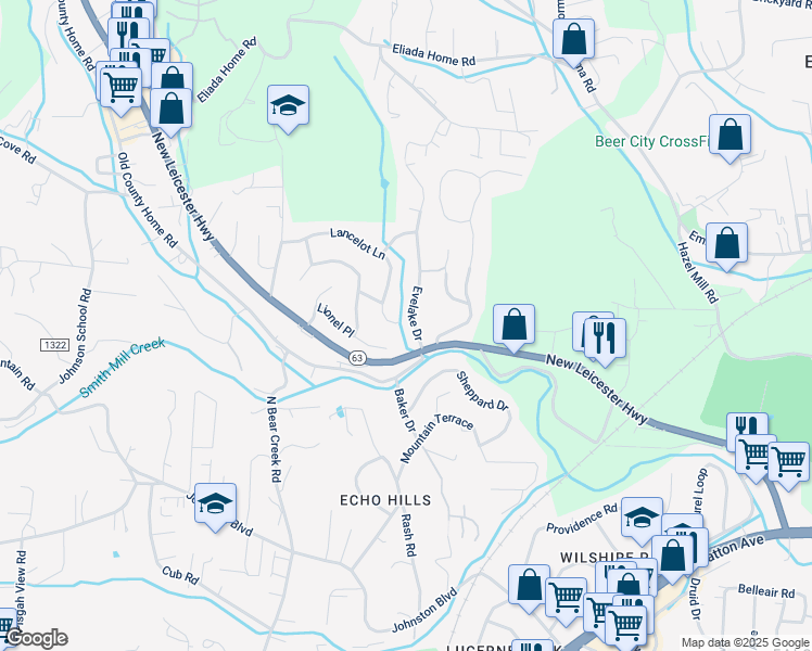 map of restaurants, bars, coffee shops, grocery stores, and more near 48 Lancelot Lane in Asheville