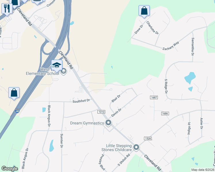 map of restaurants, bars, coffee shops, grocery stores, and more near 11646 Cleveland Road in Garner