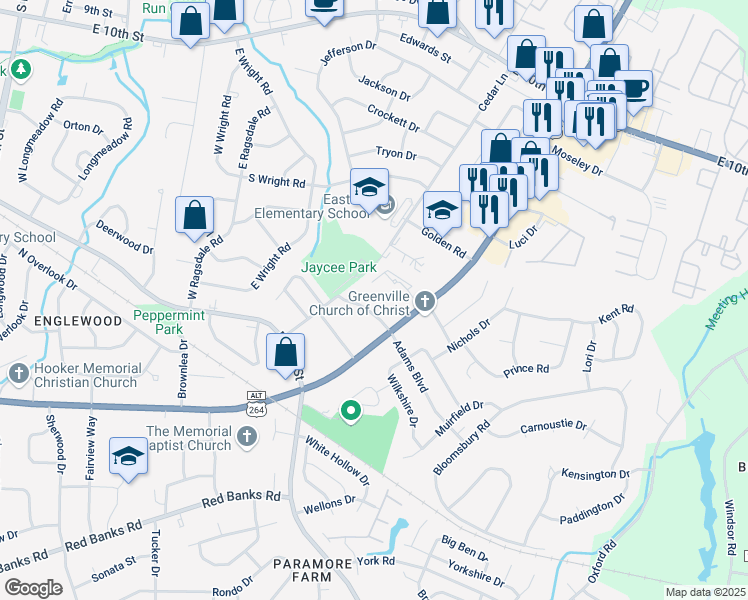 map of restaurants, bars, coffee shops, grocery stores, and more near 3002 Kingston Circle in Greenville