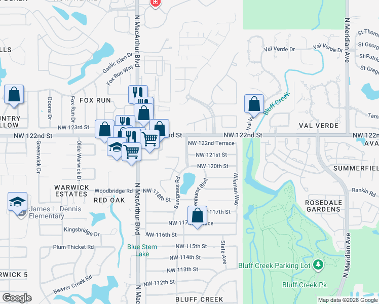 map of restaurants, bars, coffee shops, grocery stores, and more near 5601 Northwest 121 Circle in Oklahoma City