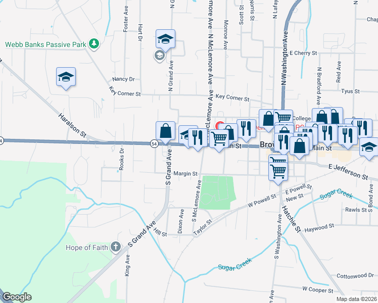 map of restaurants, bars, coffee shops, grocery stores, and more near 620 West Main Street in Brownsville