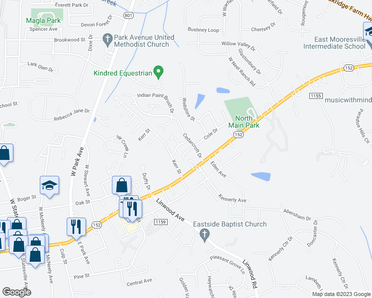 map of restaurants, bars, coffee shops, grocery stores, and more near 105 Foxglove Drive in Mooresville