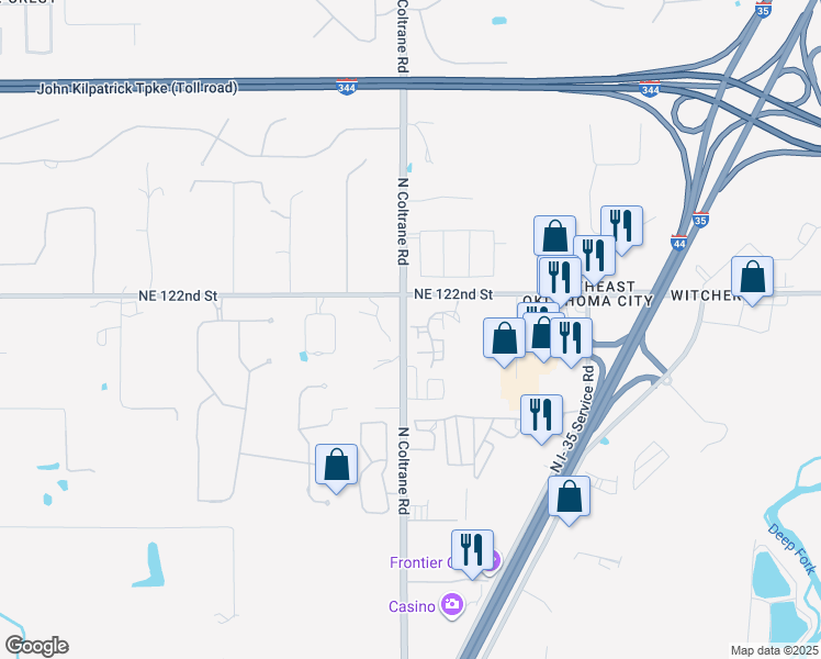 map of restaurants, bars, coffee shops, grocery stores, and more near 12221 Woodland Hills Drive in Oklahoma City