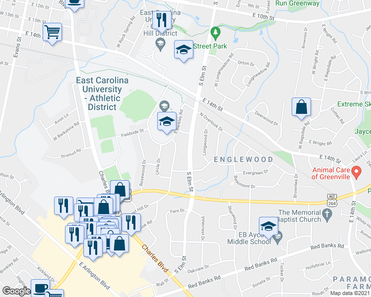 map of restaurants, bars, coffee shops, grocery stores, and more near 1707 South Elm Street in Greenville