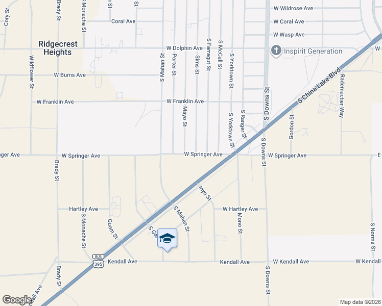 map of restaurants, bars, coffee shops, grocery stores, and more near 1639 Sims Street in Ridgecrest