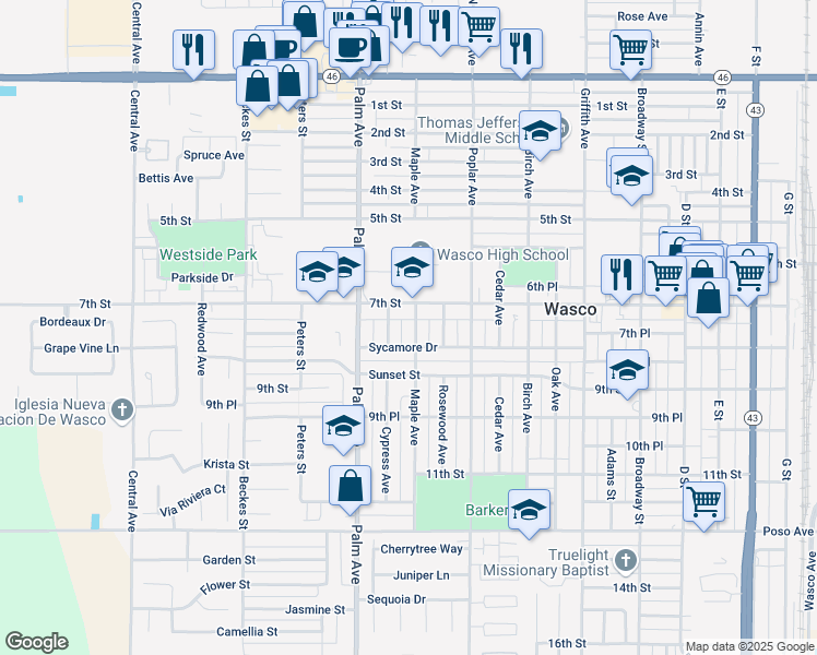 map of restaurants, bars, coffee shops, grocery stores, and more near 733 Maple Avenue in Wasco