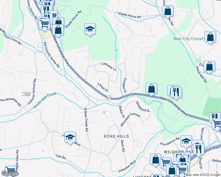 map of restaurants, bars, coffee shops, grocery stores, and more near 3 King Arthur Place in Asheville
