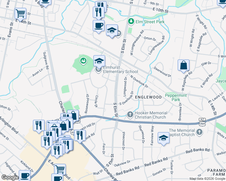 map of restaurants, bars, coffee shops, grocery stores, and more near 1707 South Elm Street in Greenville