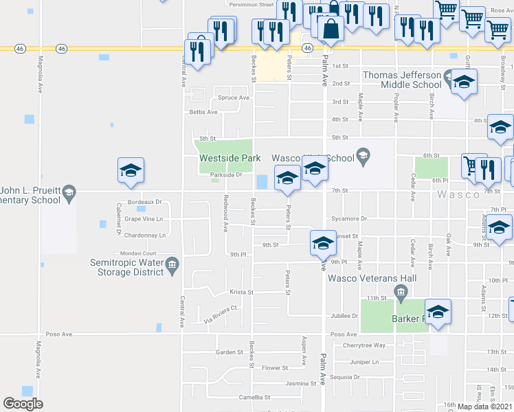 map of restaurants, bars, coffee shops, grocery stores, and more near 2434 Sycamore Street in Wasco