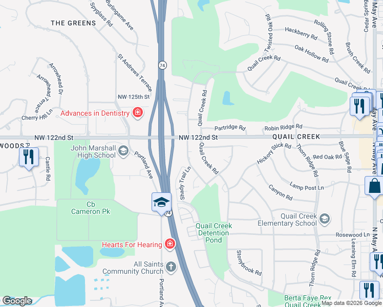 map of restaurants, bars, coffee shops, grocery stores, and more near 12108 Maple Ridge Road in Oklahoma City