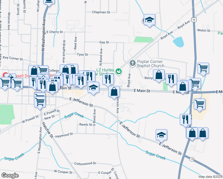 map of restaurants, bars, coffee shops, grocery stores, and more near 900 East Main Street in Brownsville