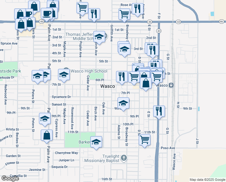map of restaurants, bars, coffee shops, grocery stores, and more near 714 Griffith Avenue in Wasco
