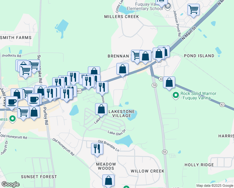 map of restaurants, bars, coffee shops, grocery stores, and more near 640 Lakestone Commons Avenue in Fuquay-Varina