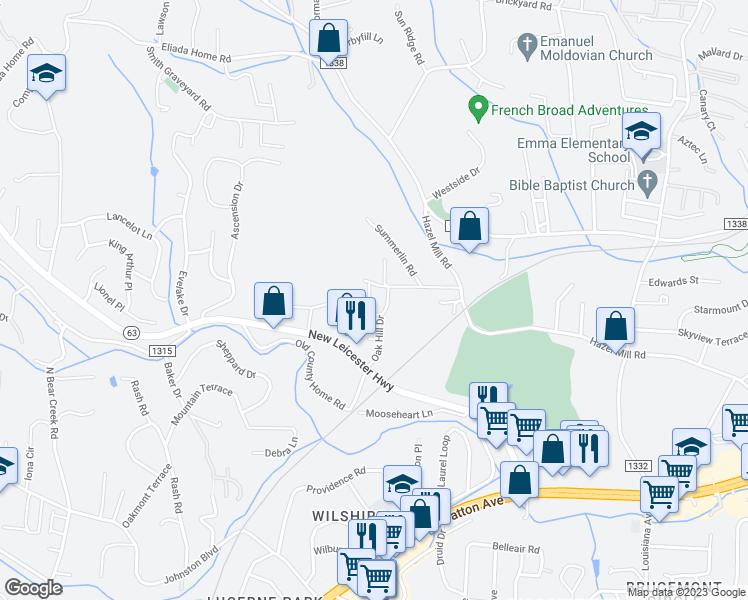 map of restaurants, bars, coffee shops, grocery stores, and more near 19 Oak Hill Circle in Asheville