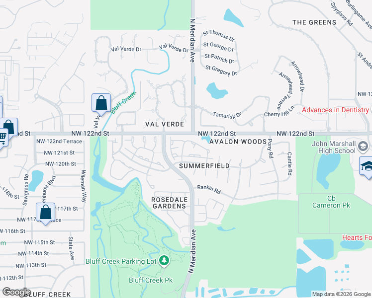 map of restaurants, bars, coffee shops, grocery stores, and more near 12124 Dahoon Dr in Oklahoma City
