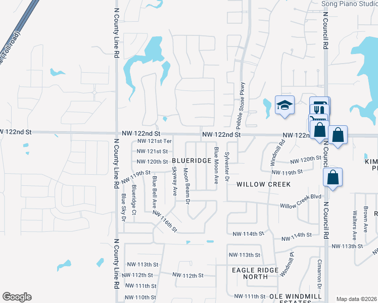 map of restaurants, bars, coffee shops, grocery stores, and more near 12108 Moon Beam Drive in Oklahoma City